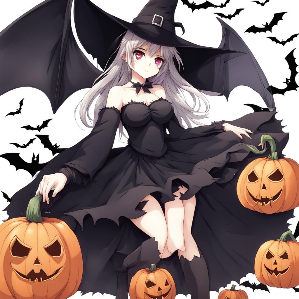 Anime Style Halloween Witch Girl with Bat Wings