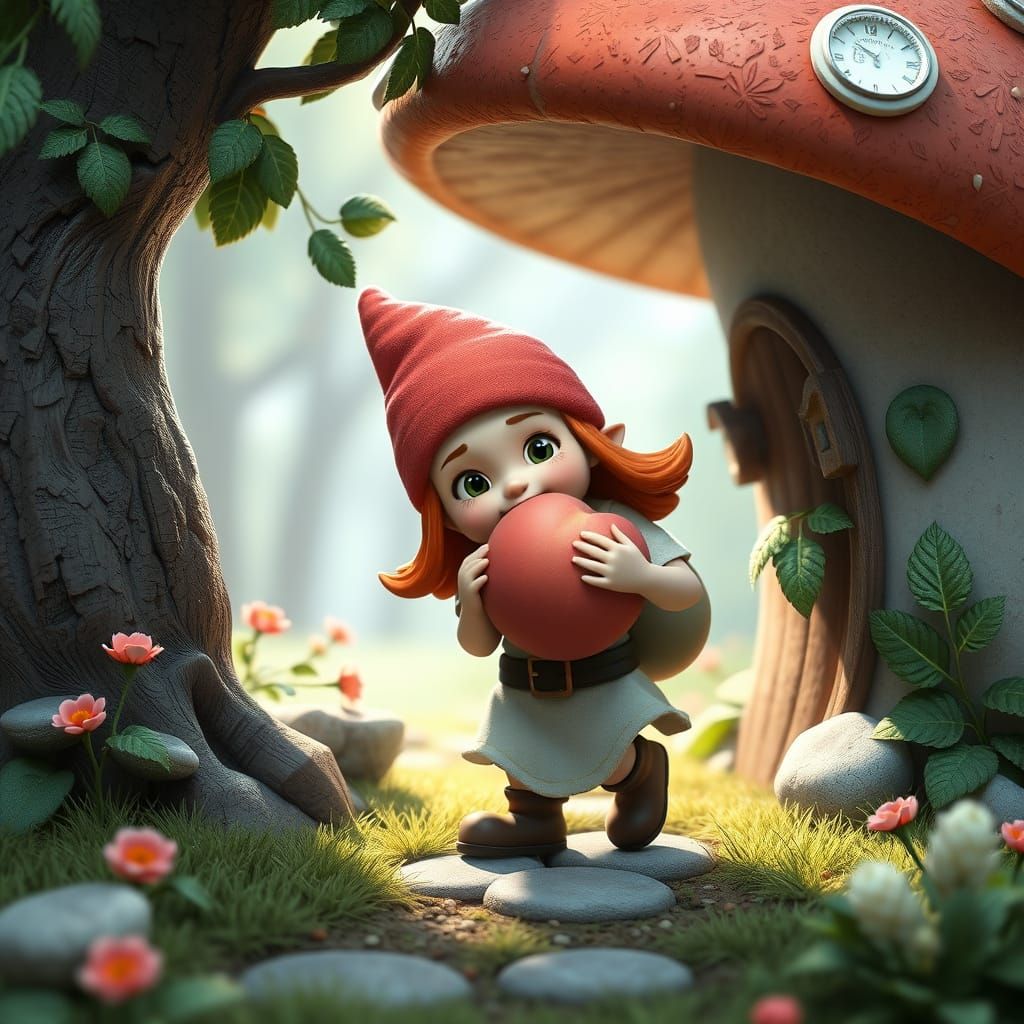 Red-Headed Gnome with Peach, Studio Ghibli Style