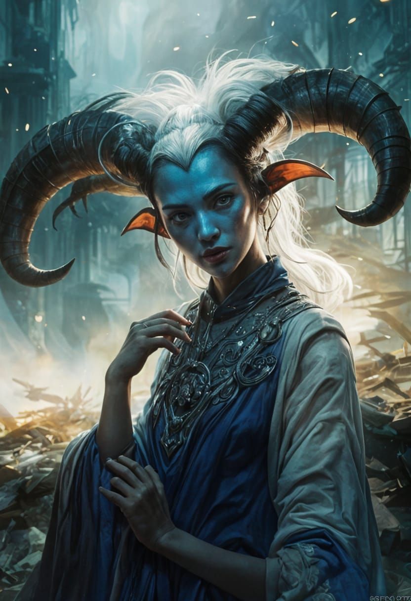 Ethereal Minotaur Cleric in Haori Dress, Amidst Grey Skies w...