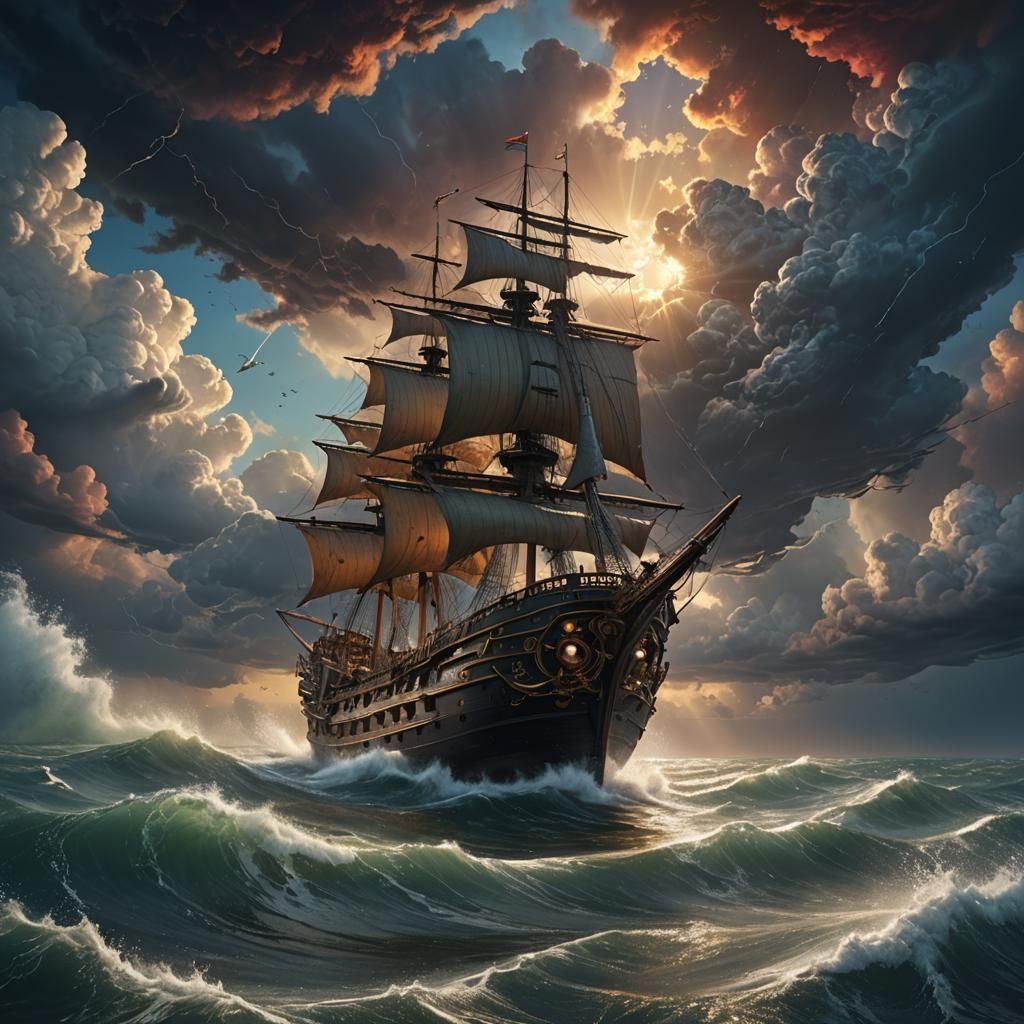 Shipwreck on Shoal: Stormy Seas in Detailed Painting