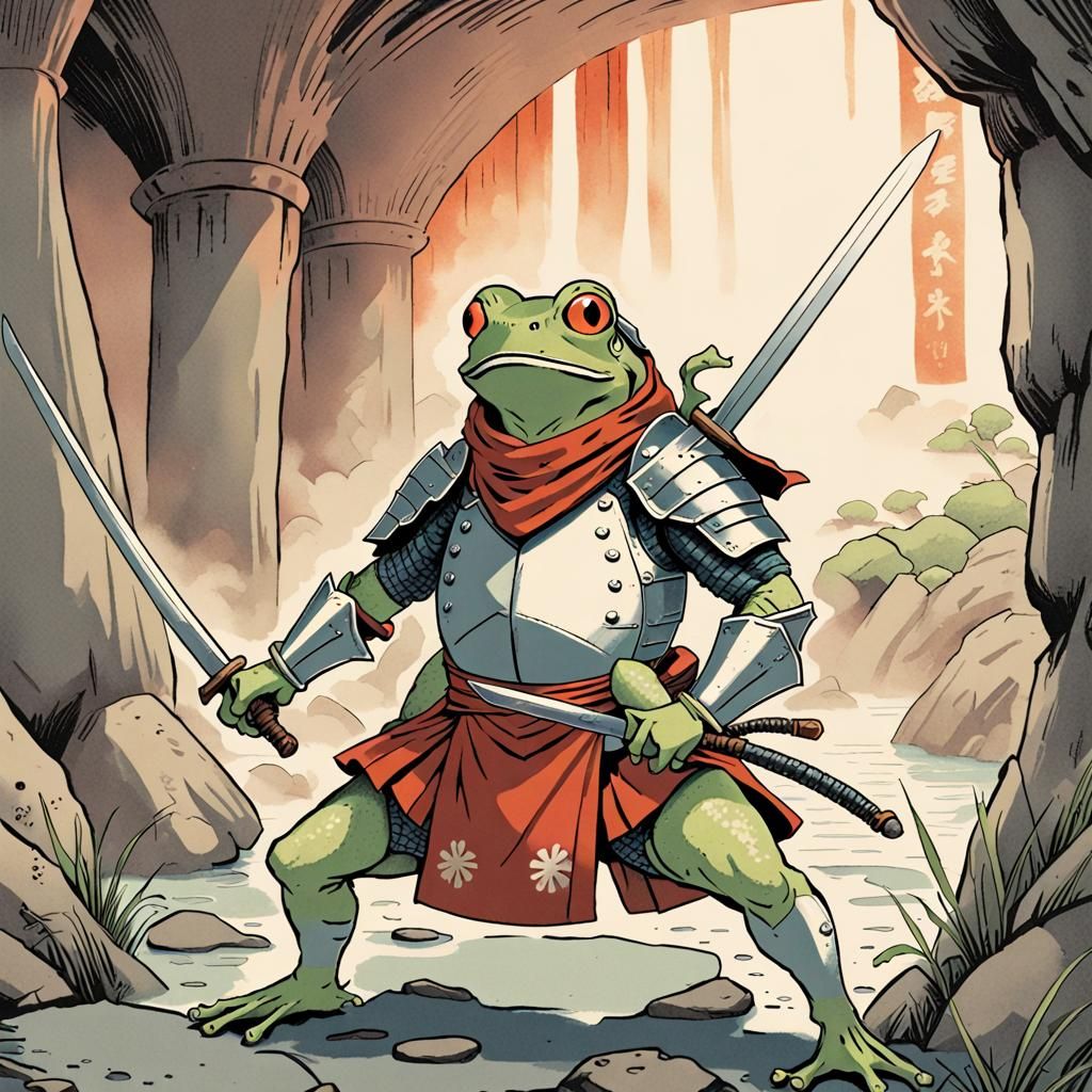 Heroic Frog Knight in Ukiyo-e Style