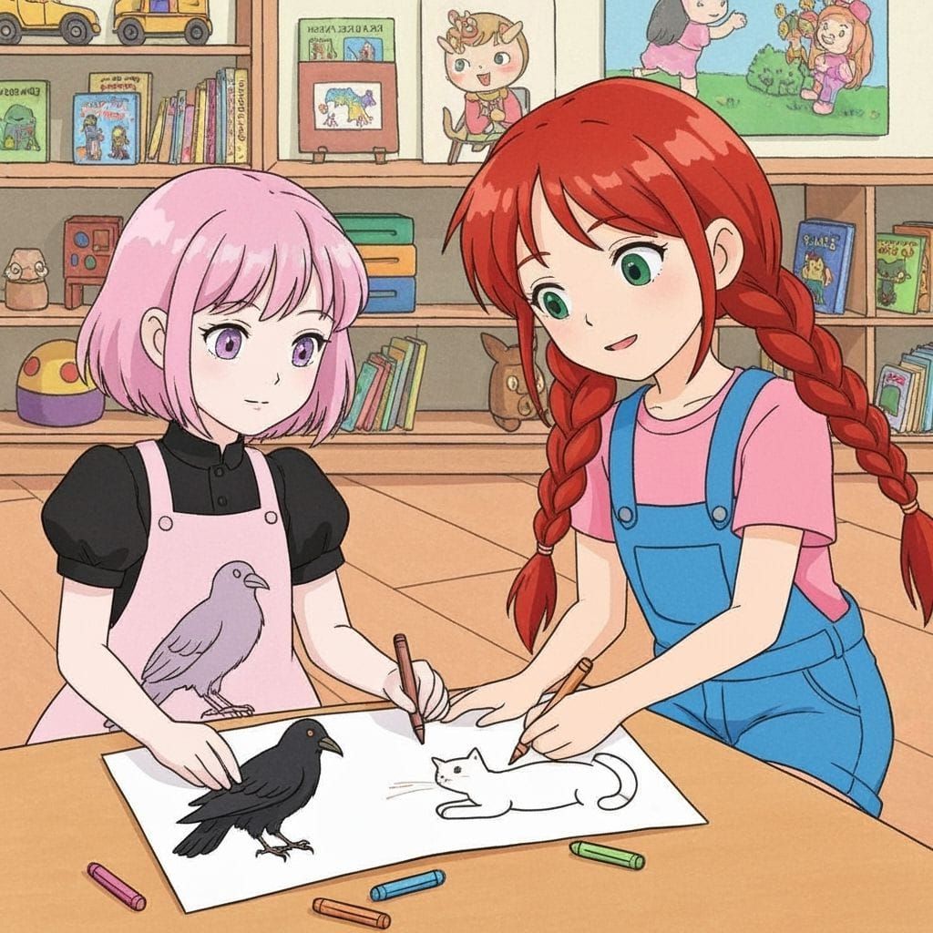 Childlike Drawing of Girls Creating Art