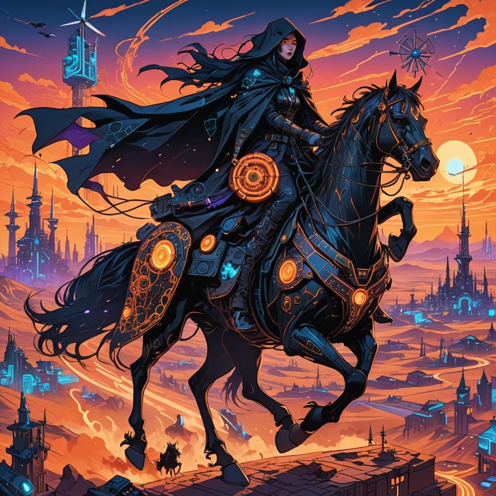 Futuristic Witch Soars on Mechanical Horse Through Neon-Lit...