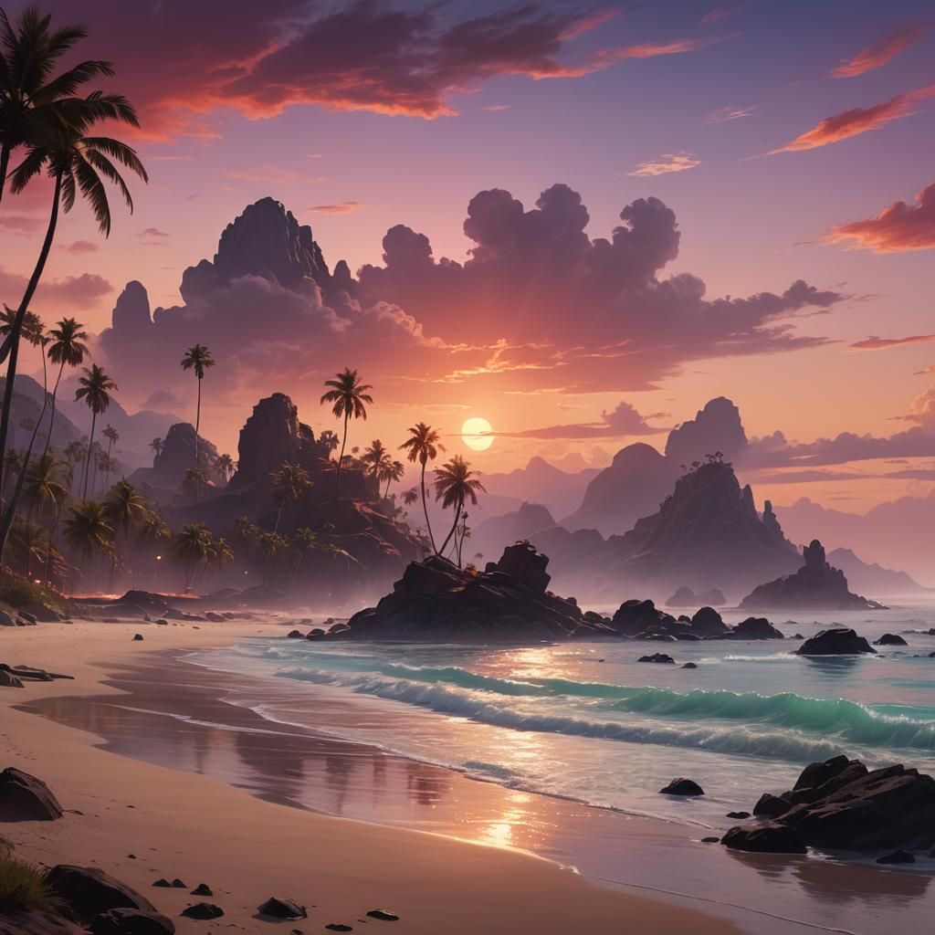 Sunset Beach Landscape in a Fantasy Painting Style