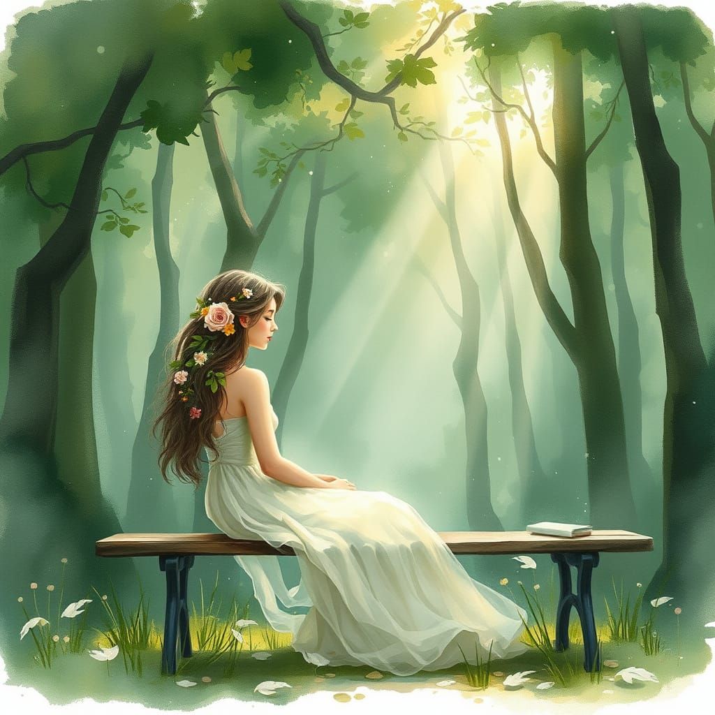 Ethereal Woman in Foggy Forest, Watercolor Style