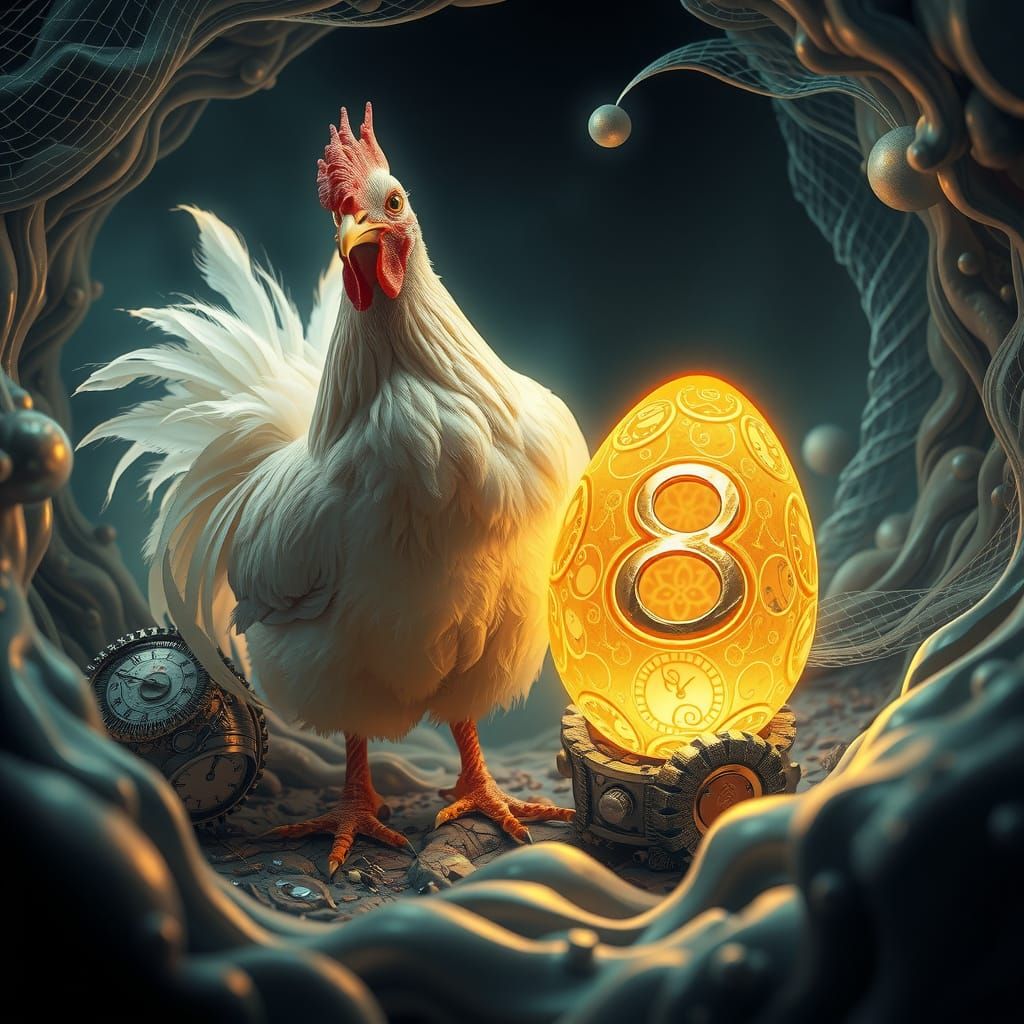 Mystical Chicken in Dreamlike Clockwork Landscape with Glowi...