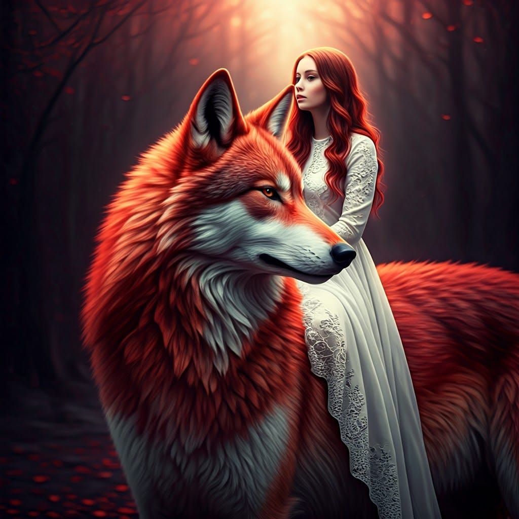 Woman on Red Wolf in Digital Watercolor Style