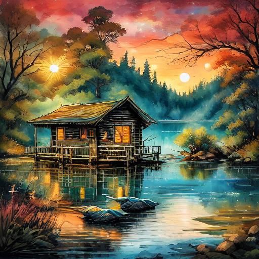 Serene Lakeside Cabin at Sunset