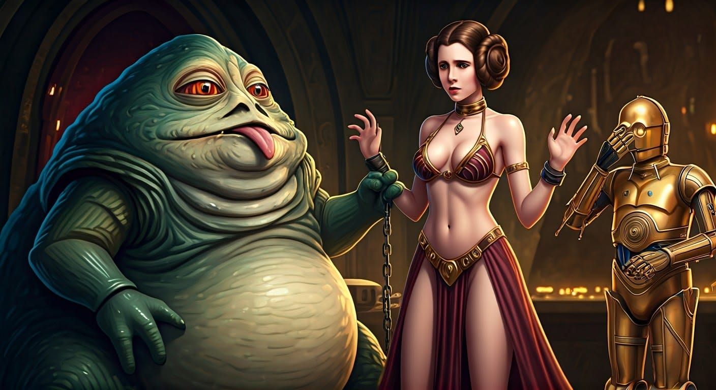 Princess Leia Organa Being Presented To Jabba The Hutt Who Looks Pleased