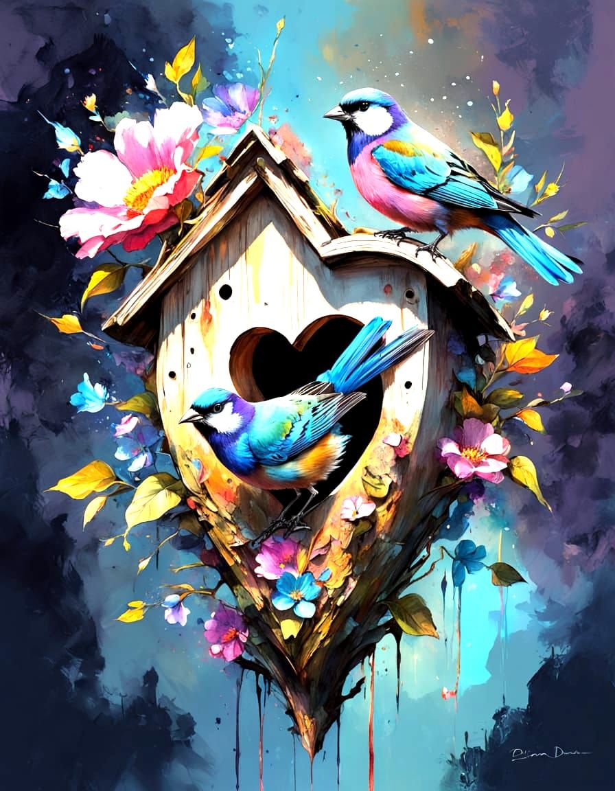 Watercolor Birdhouse with Colorful Birds and Flowers