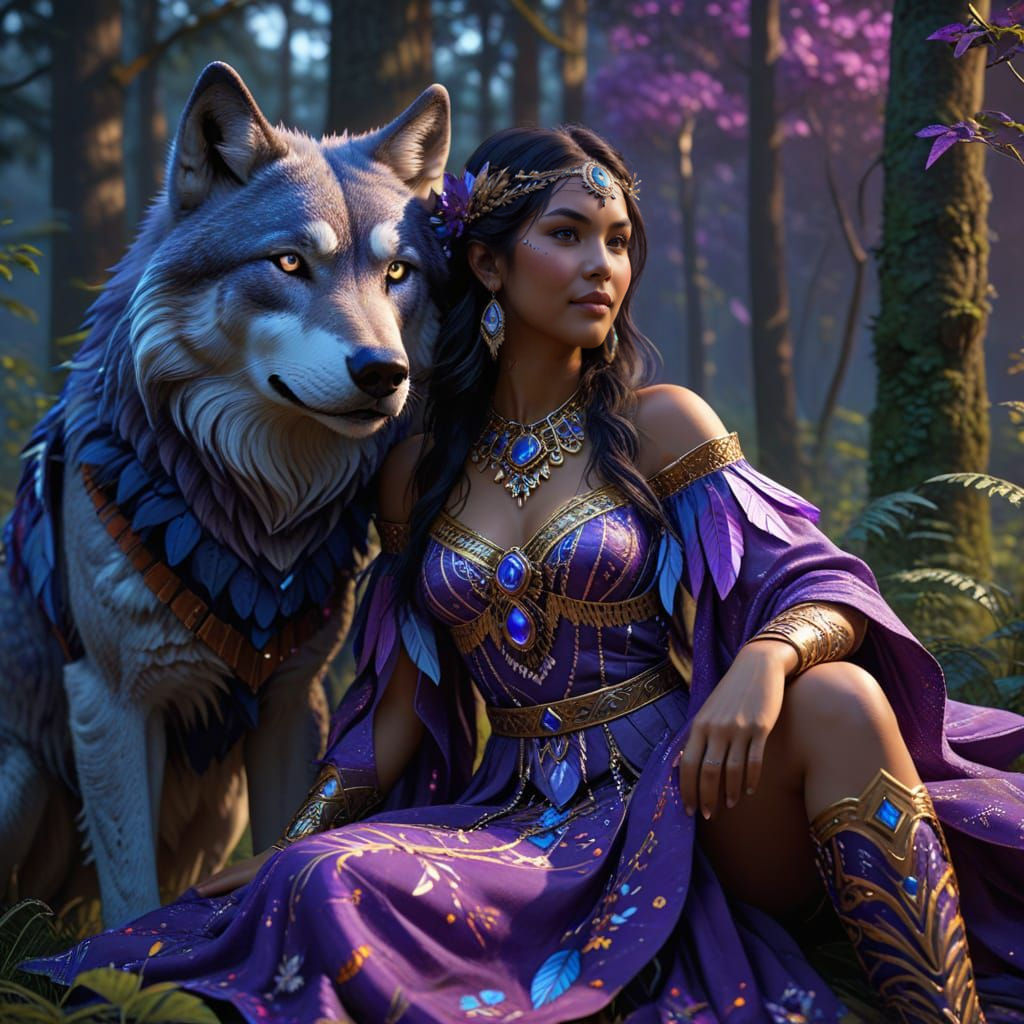 Goddess with Wolf Companion in Surreal Fantasy Style