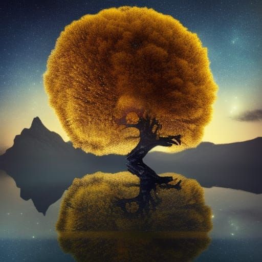 Golden Tree in Bubble at Dawn: Digital Painting