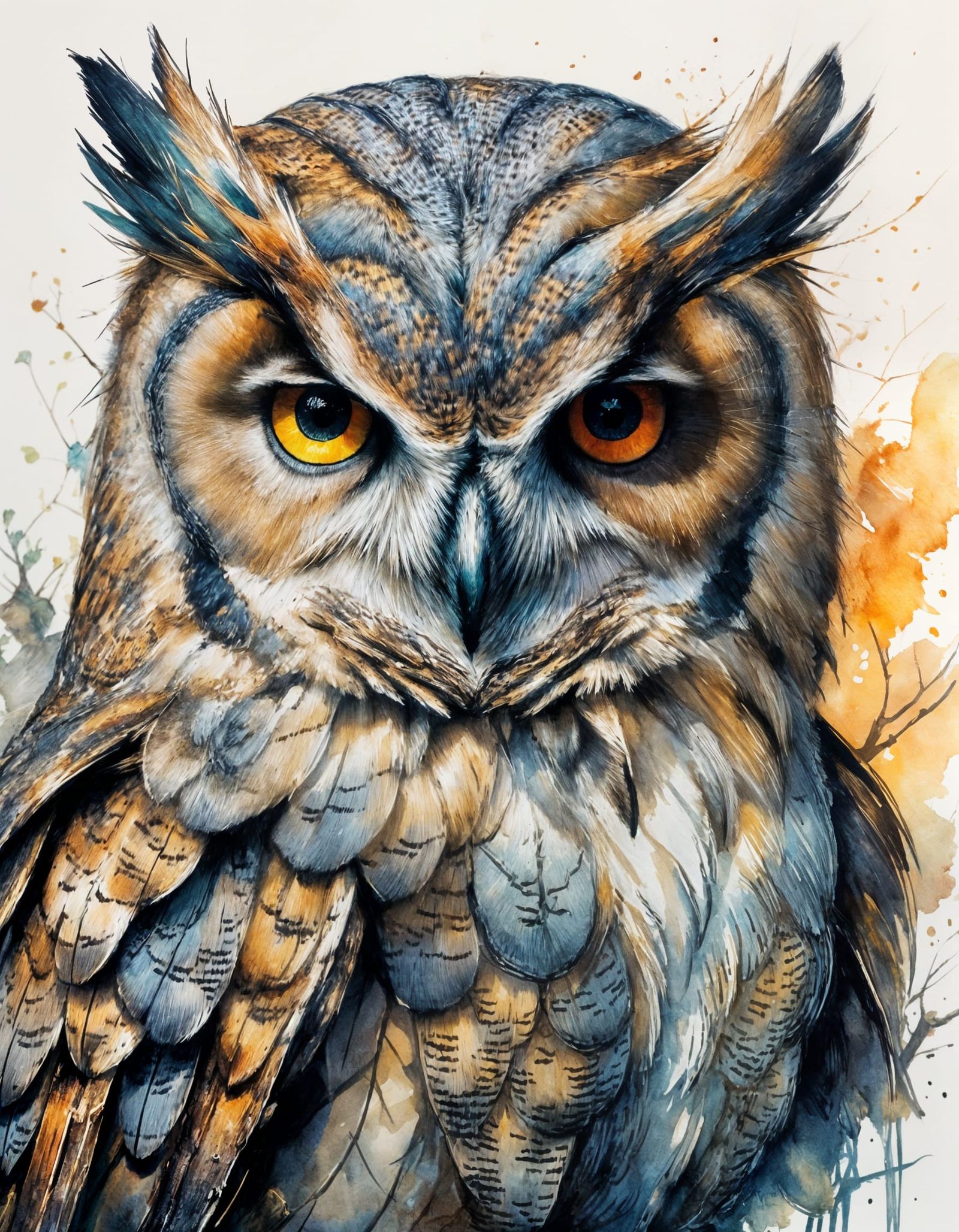 Watercolor Owl Portrait in Carne Griffiths Style