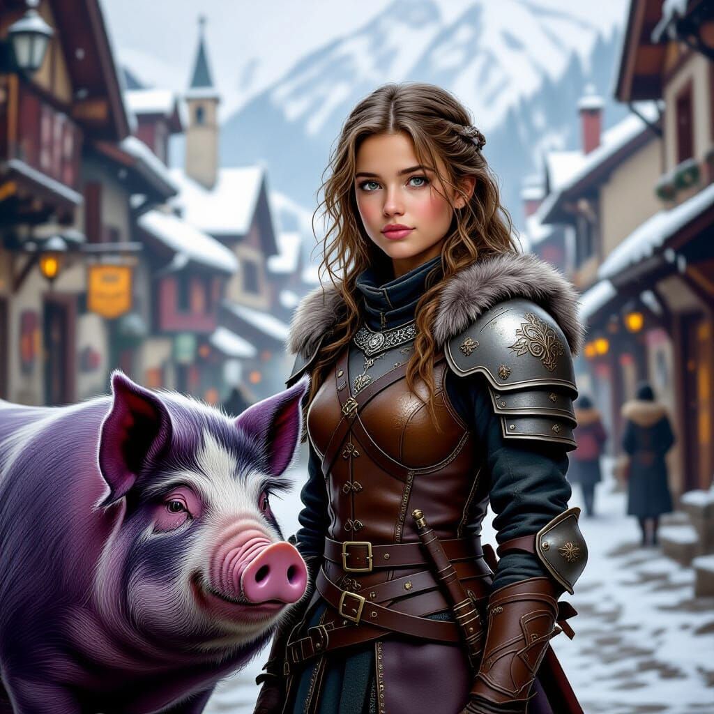 Medieval Portrait: Girl with Pig in Winter Village