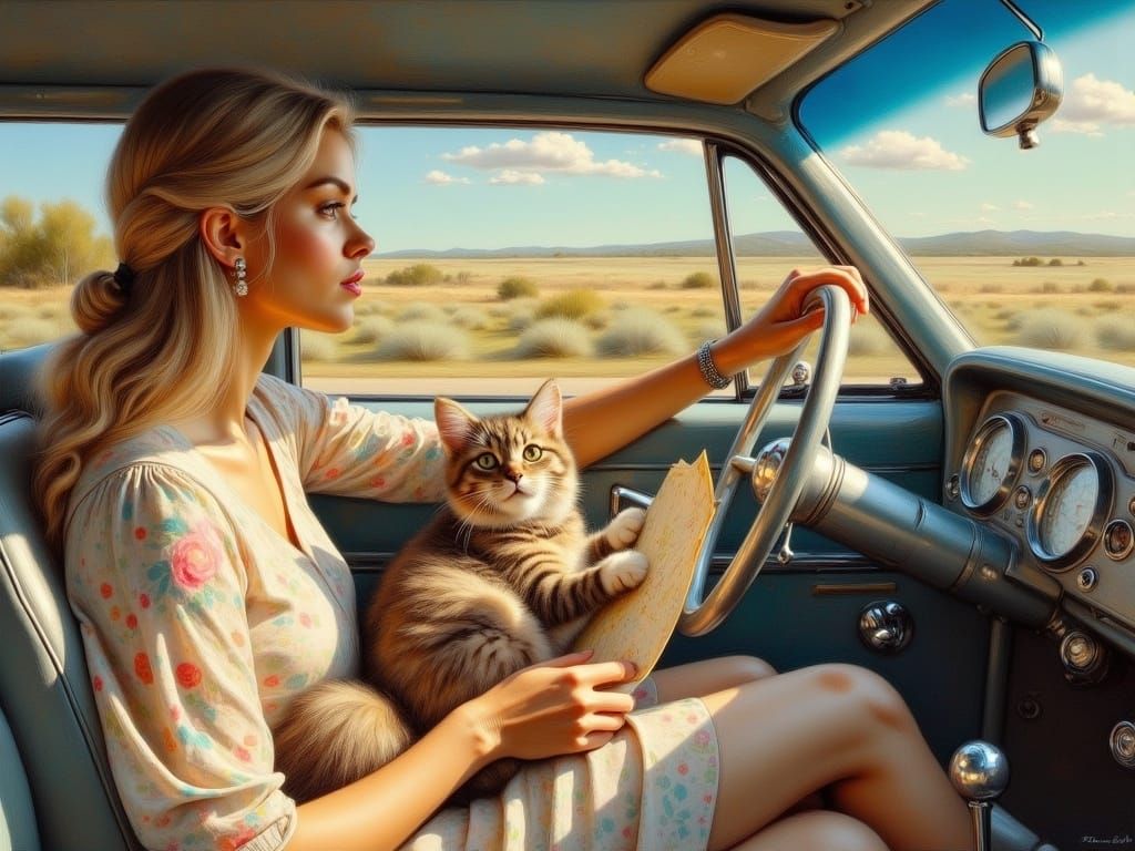 Woman and Cat Road Trip in Impressionist Style