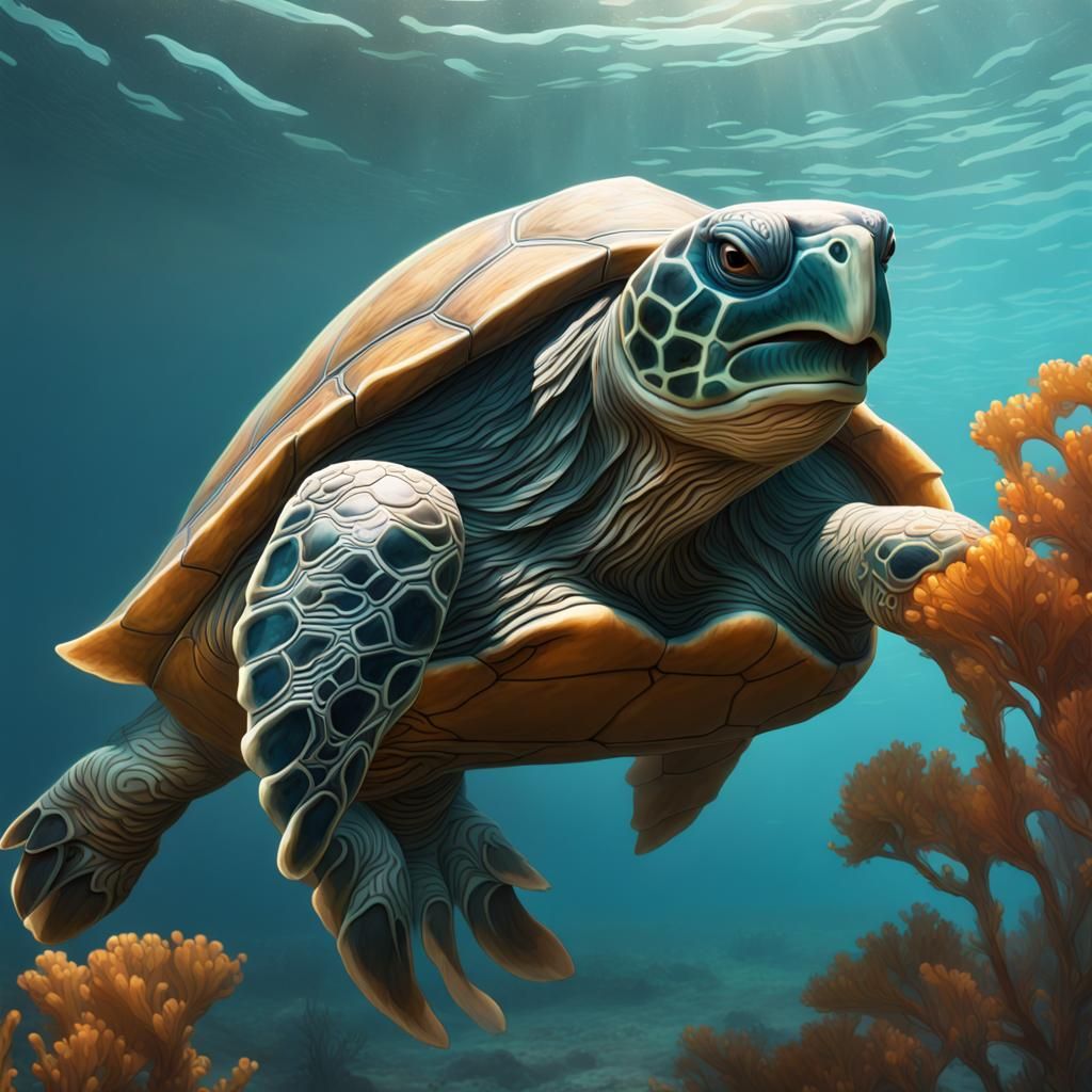 Detailed Turtle Portrait Eating Kelp, Splash Art Style