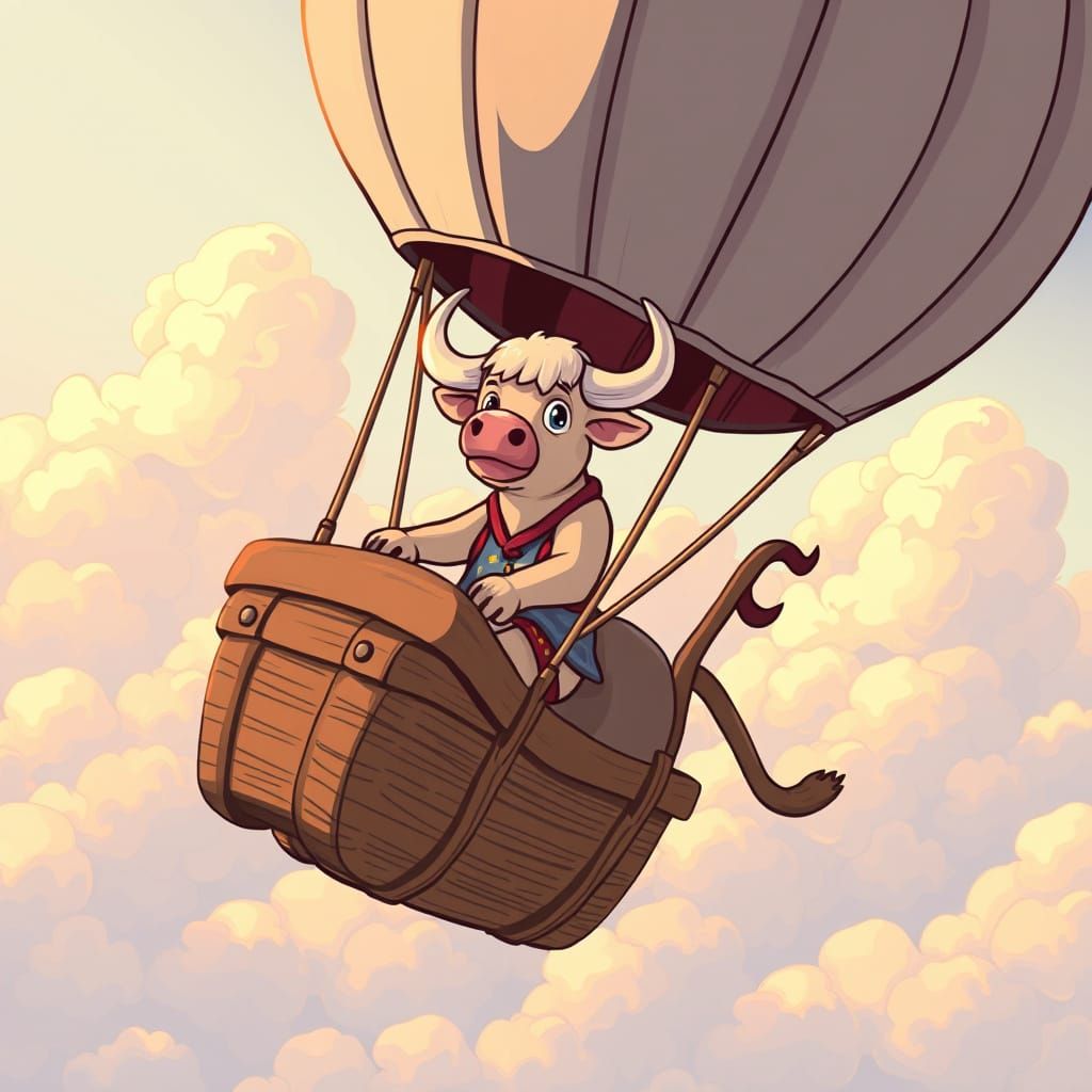 Cartoon Bull Rides Hot Air Balloon in Clouds