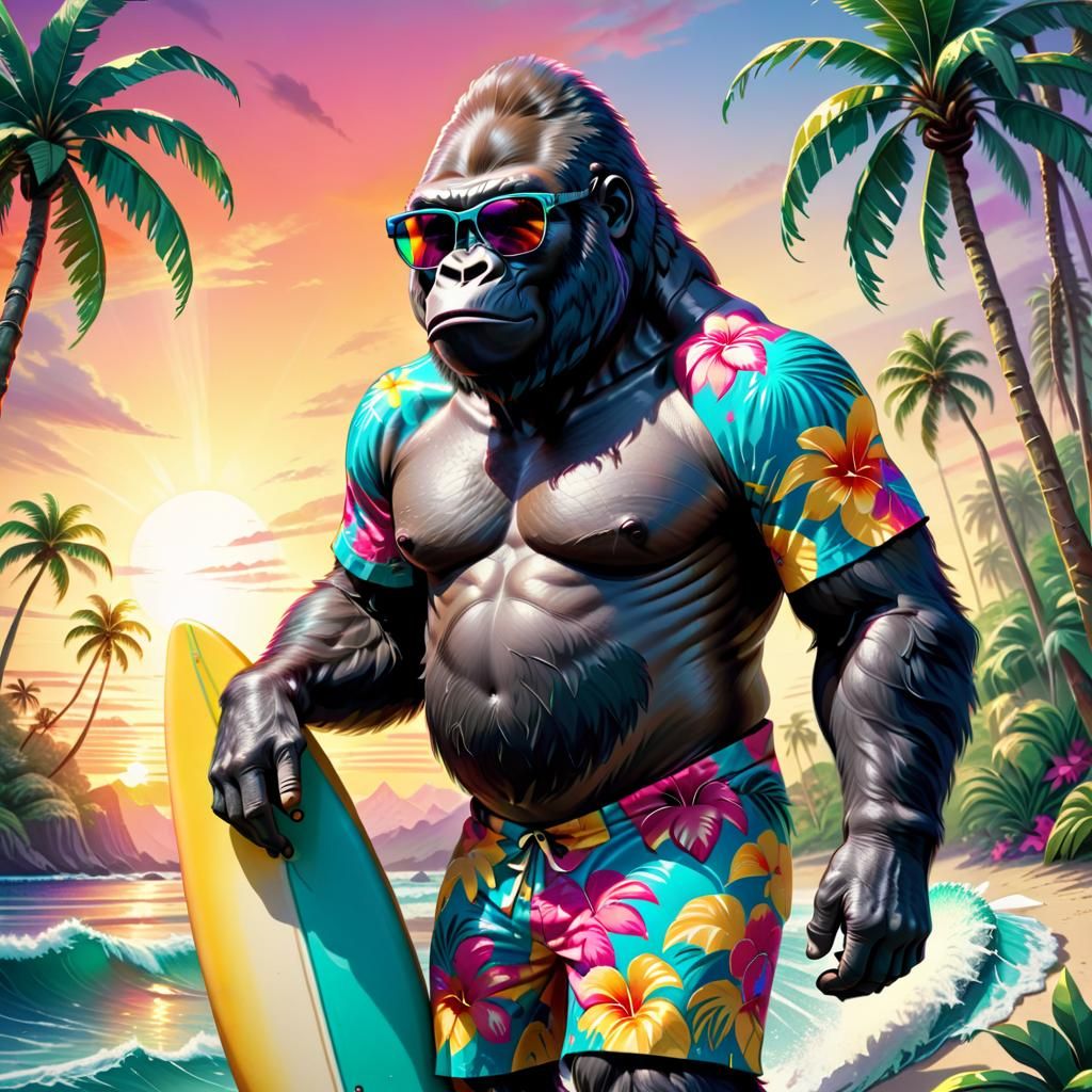 Surfing Gorilla in Tropical Sunset: Hyperrealistic Digital A...