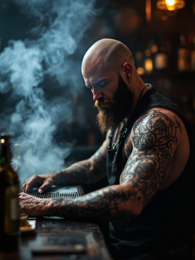 Tattooed Bartender in a Smoky Bar