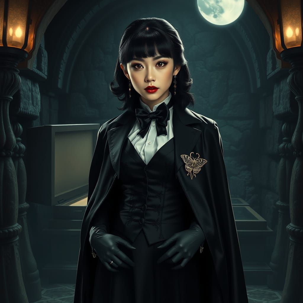 Japanese Vampire Countess in Dark Formal Attire