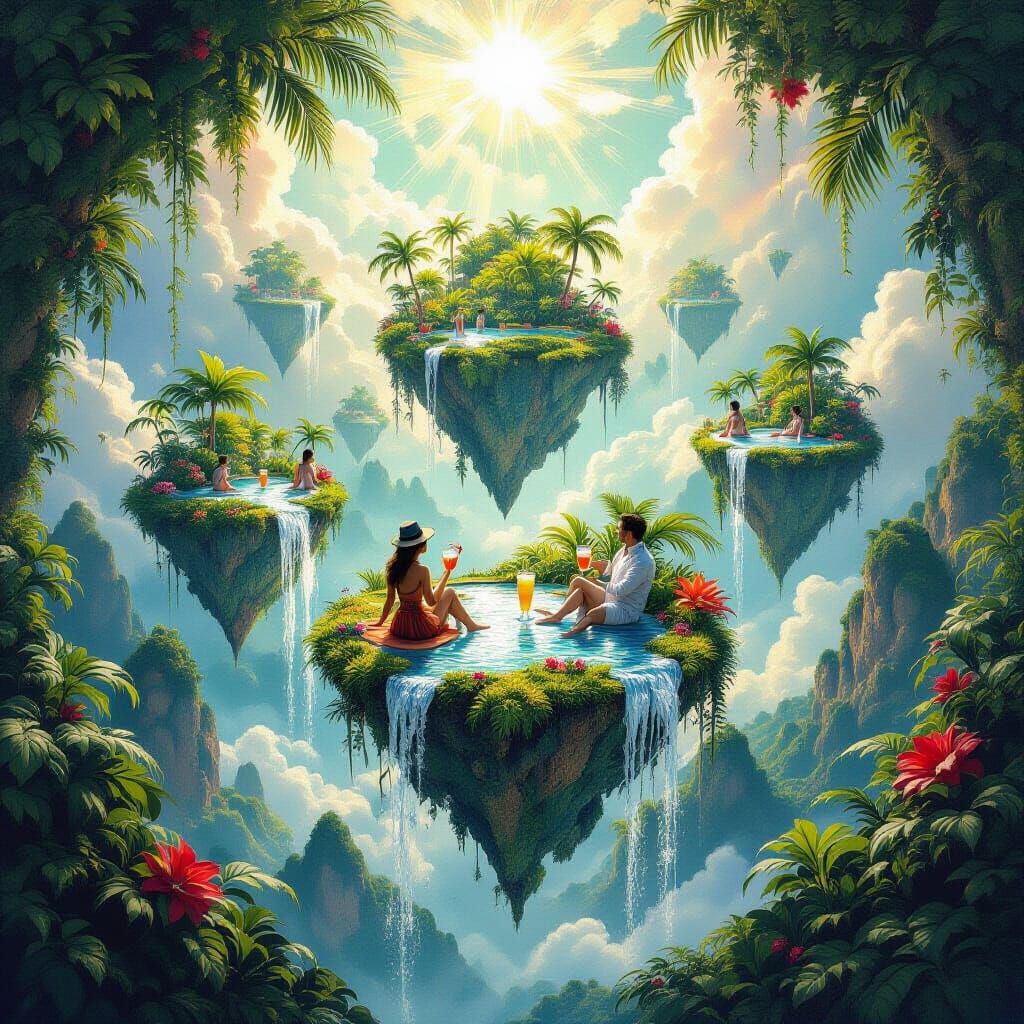 Floating Tropical Islands Above Earth in Gouache and Waterco...