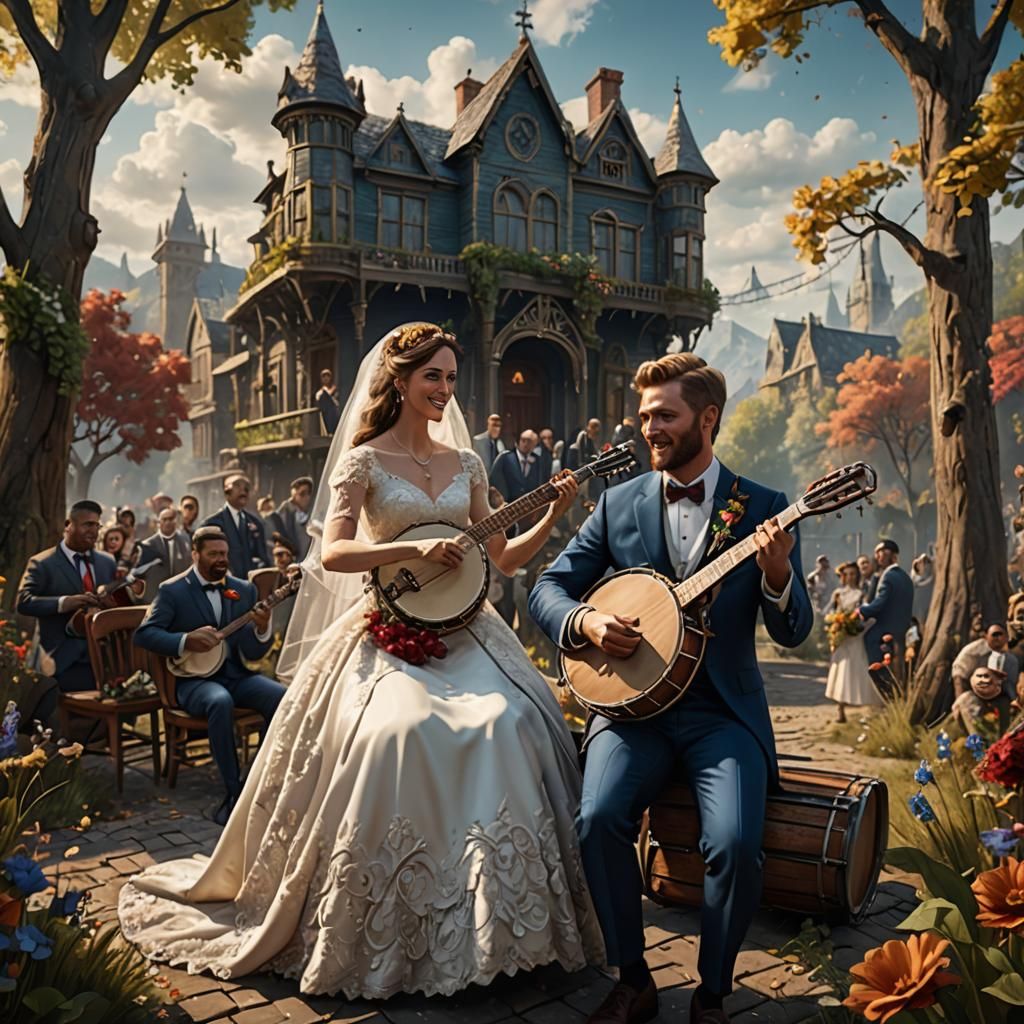Bride and Groom Play Banjos at Wedding