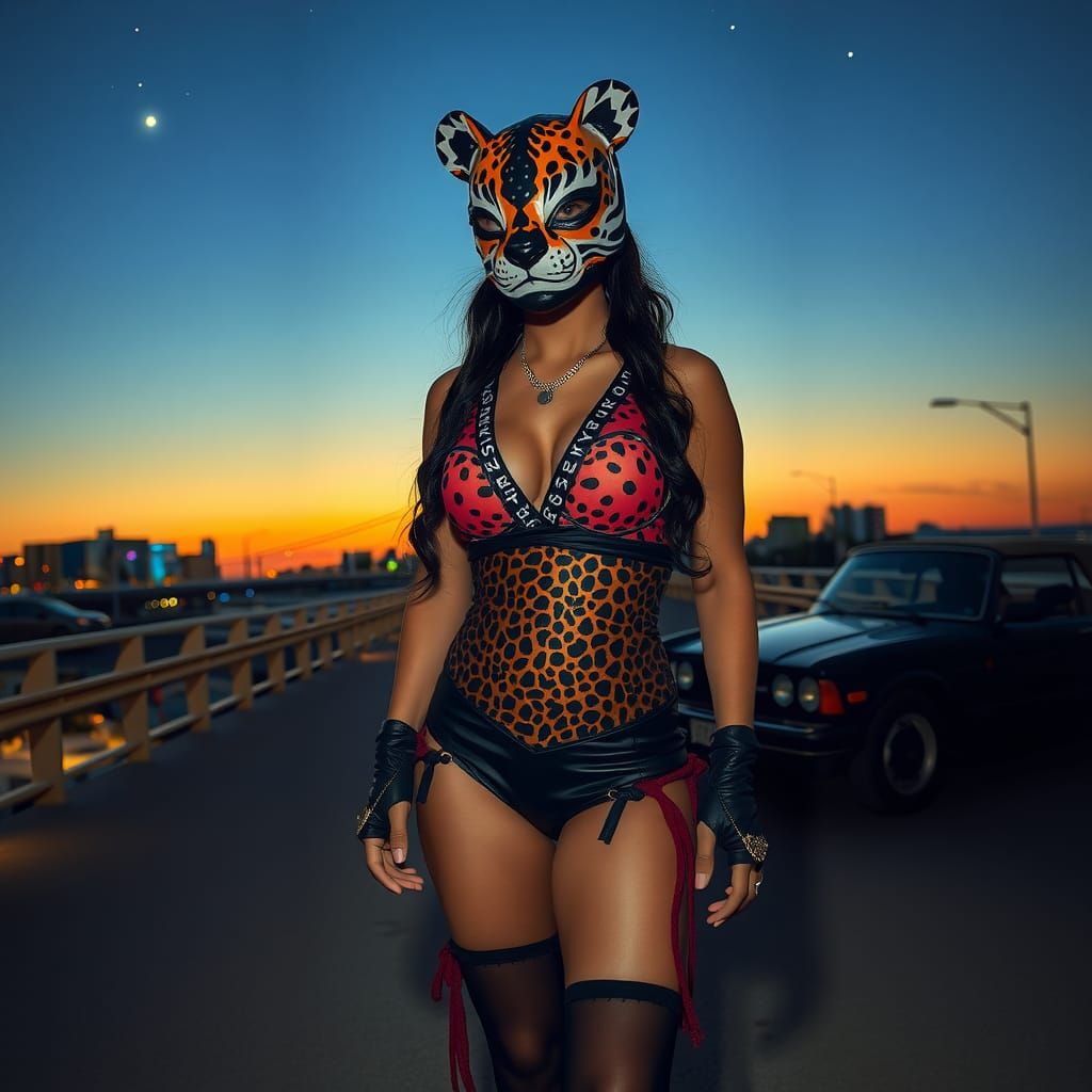 Jaguar Wrestler on Bridge with Vintage Car