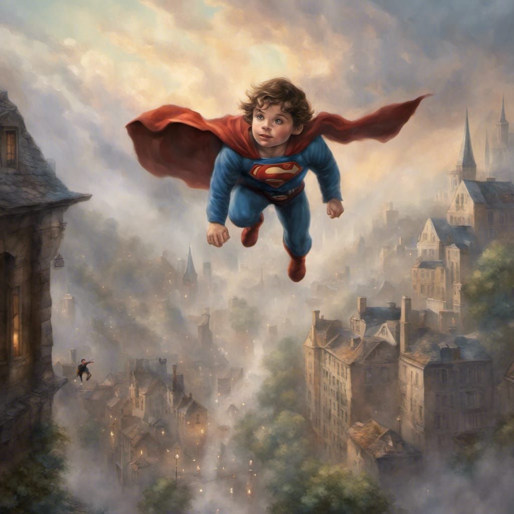 Halfling Superman Soaring Over City: Ethereal Fantasy Art