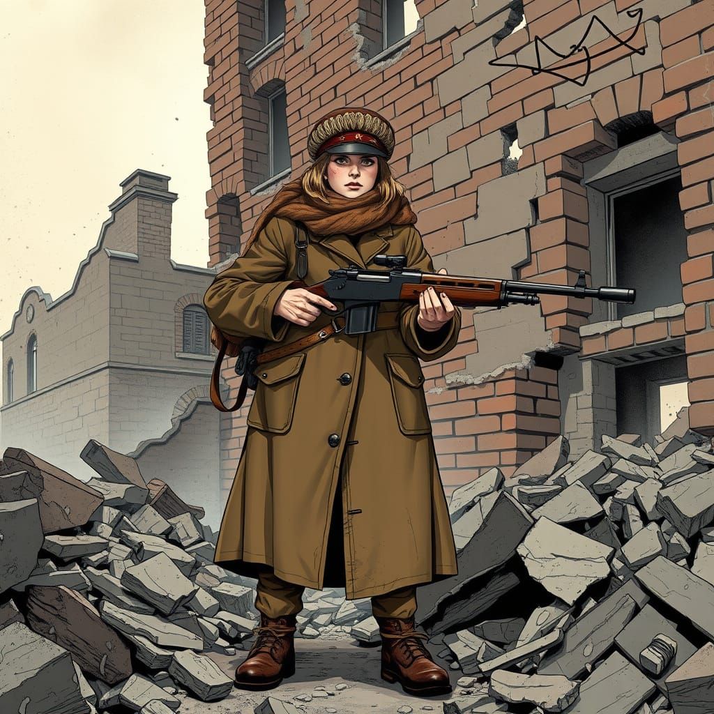 Soviet Girl Sniper in Ruins, 1942