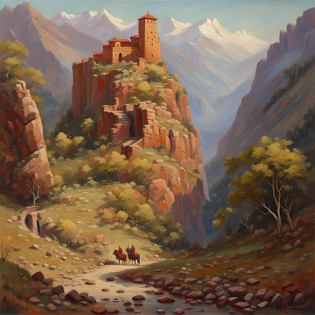 Red Stone Fortress in Mountain Pass: Oil Painting
