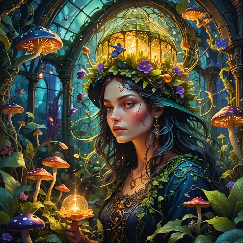 Green Witch in a Surreal Glowing Greenhouse