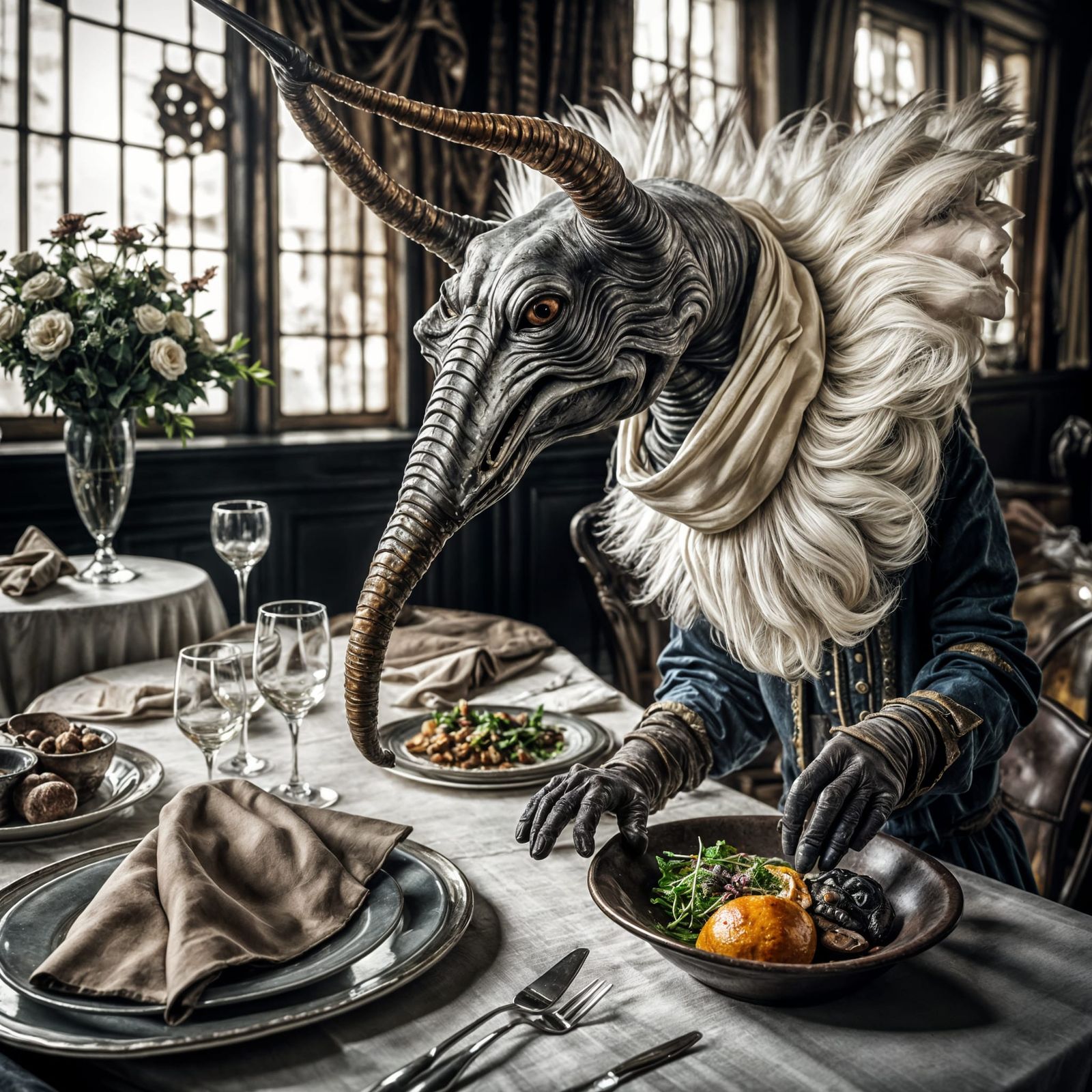 Surreal Restaurant Celebration with Beautiful Aliens