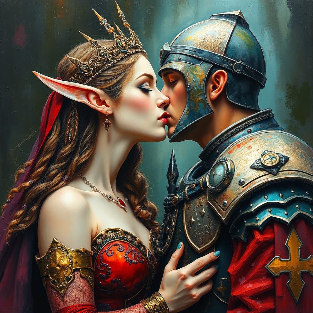 elf queen and knight kiss oil painting by James Gurney in Go...