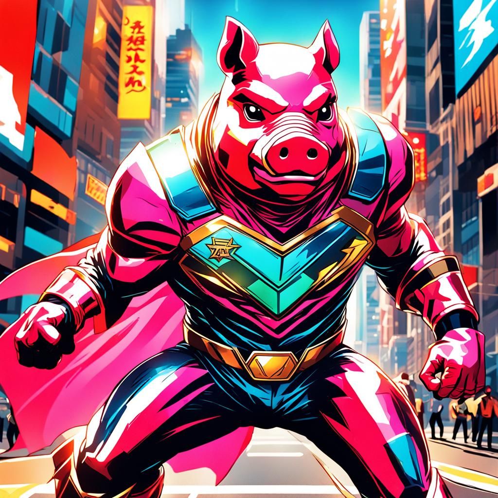 Pig Superhero in City Street: Comic Book Art