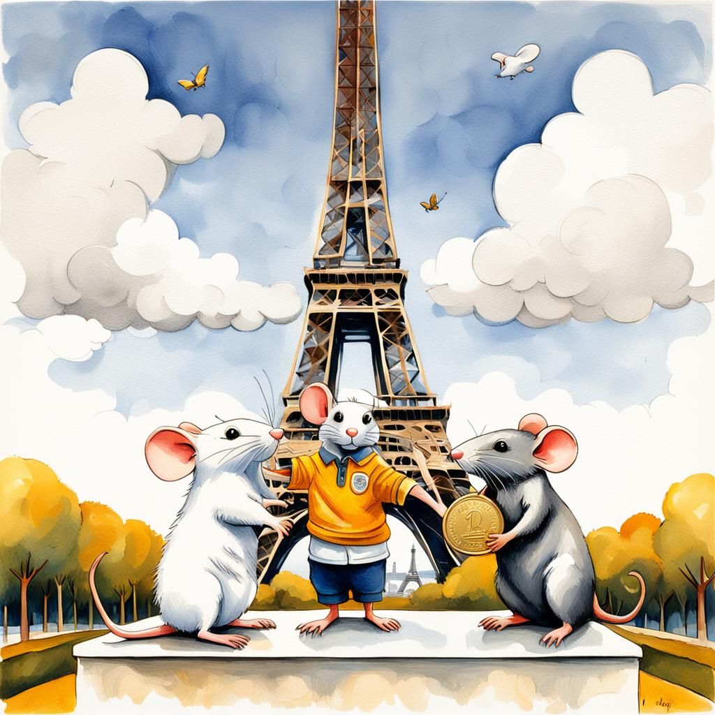 "une souris blanche médaille d'or et une souris brune médaille d'argent et un petit rat médaille de bronze gagnés aux je...