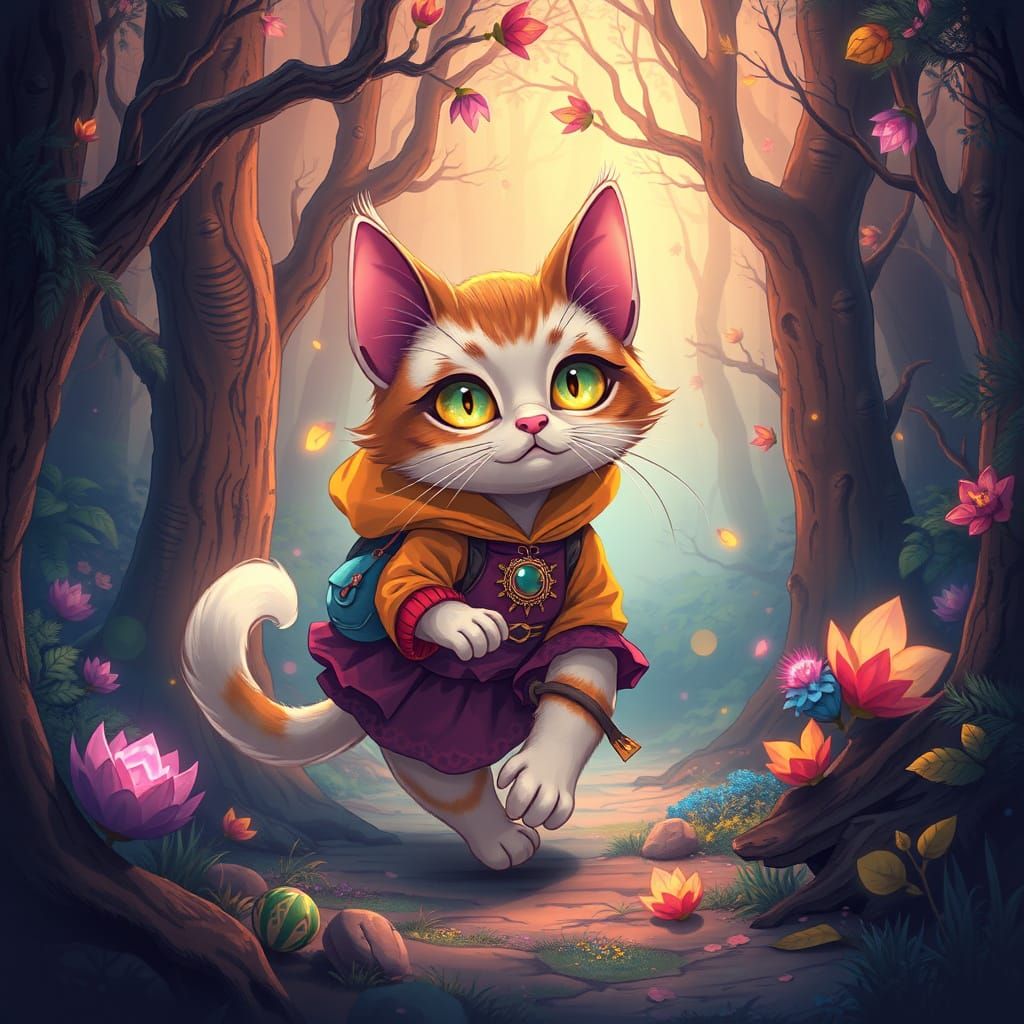Magical Cat Prowls Mystical Forest: Anime Fantasy Art