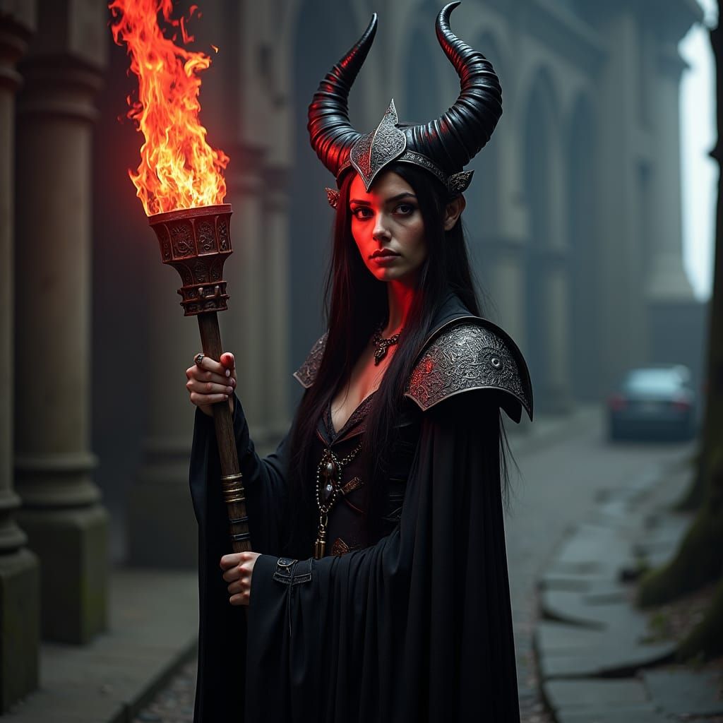 Menacing Goth Woman Wielding Mace: Professional Photography
