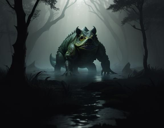 Bullywug Emerges from Murky Swamp: Dark Fantasy Art