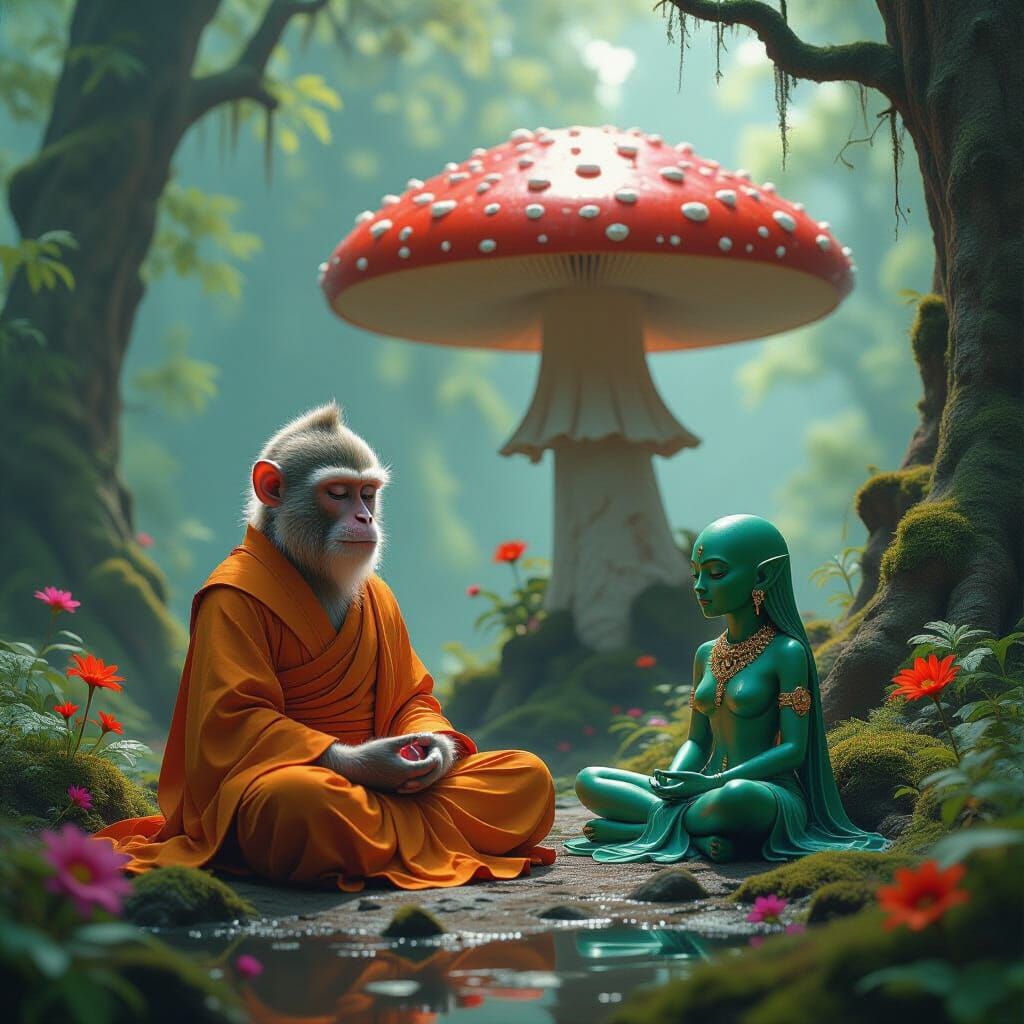 A monkey bhuddist dressed in bright gold and orange cloth. s...