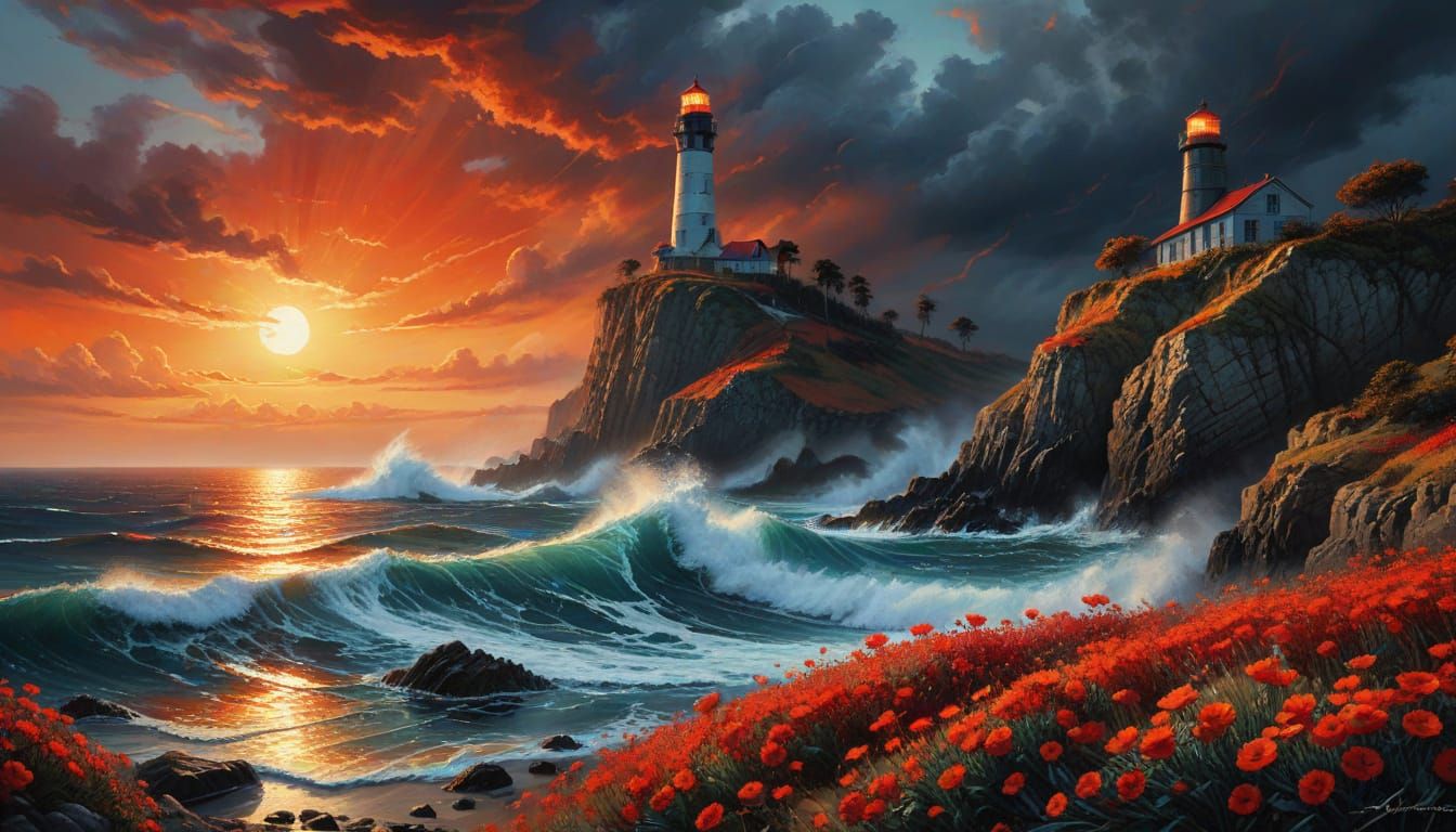 Red Flower Field with Lighthouse at Sunset