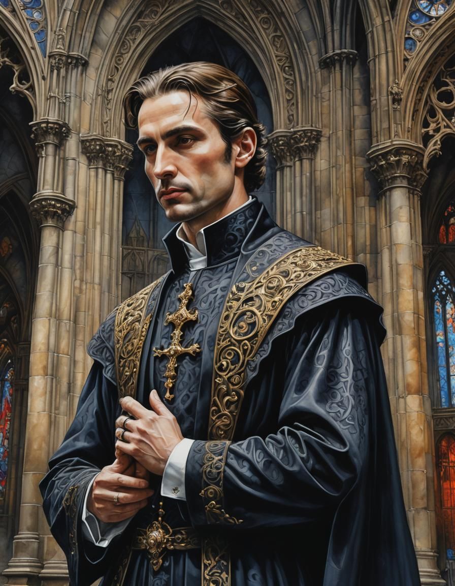 Prayer Man in Gothic Cathedral: Dark Watercolor Art