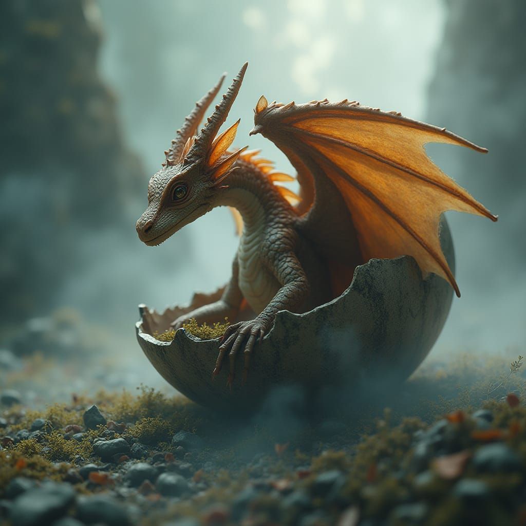 Dragon Emerges from Ancient Egg in Whimsical, Surreal Scene
