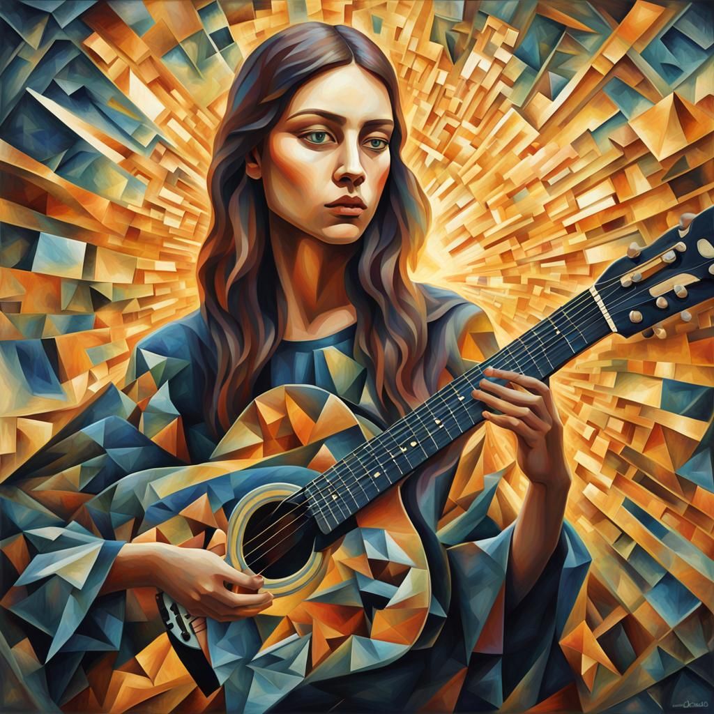 Beautiful Woman Playing Guitar in Cubist Style