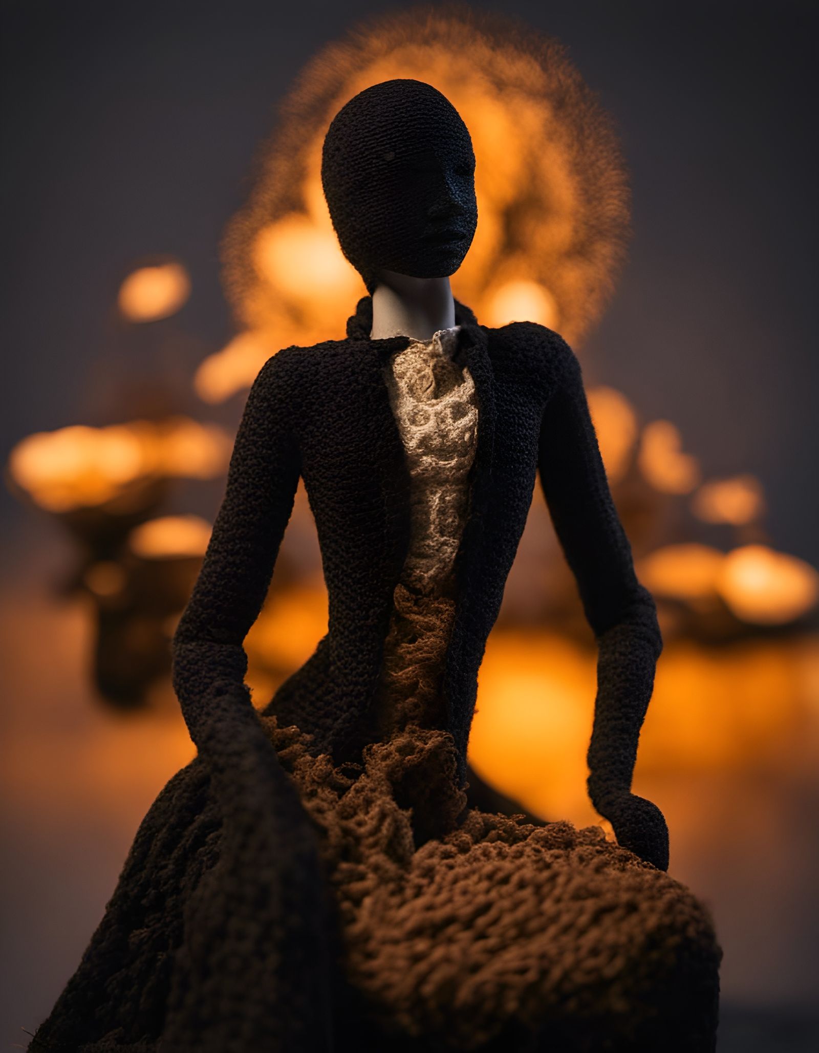 Detailed Crochet Portrait in Grayscale Amigurumi Style