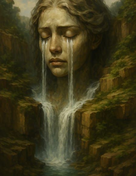 Surreal Woman's Head with Waterfall Tears