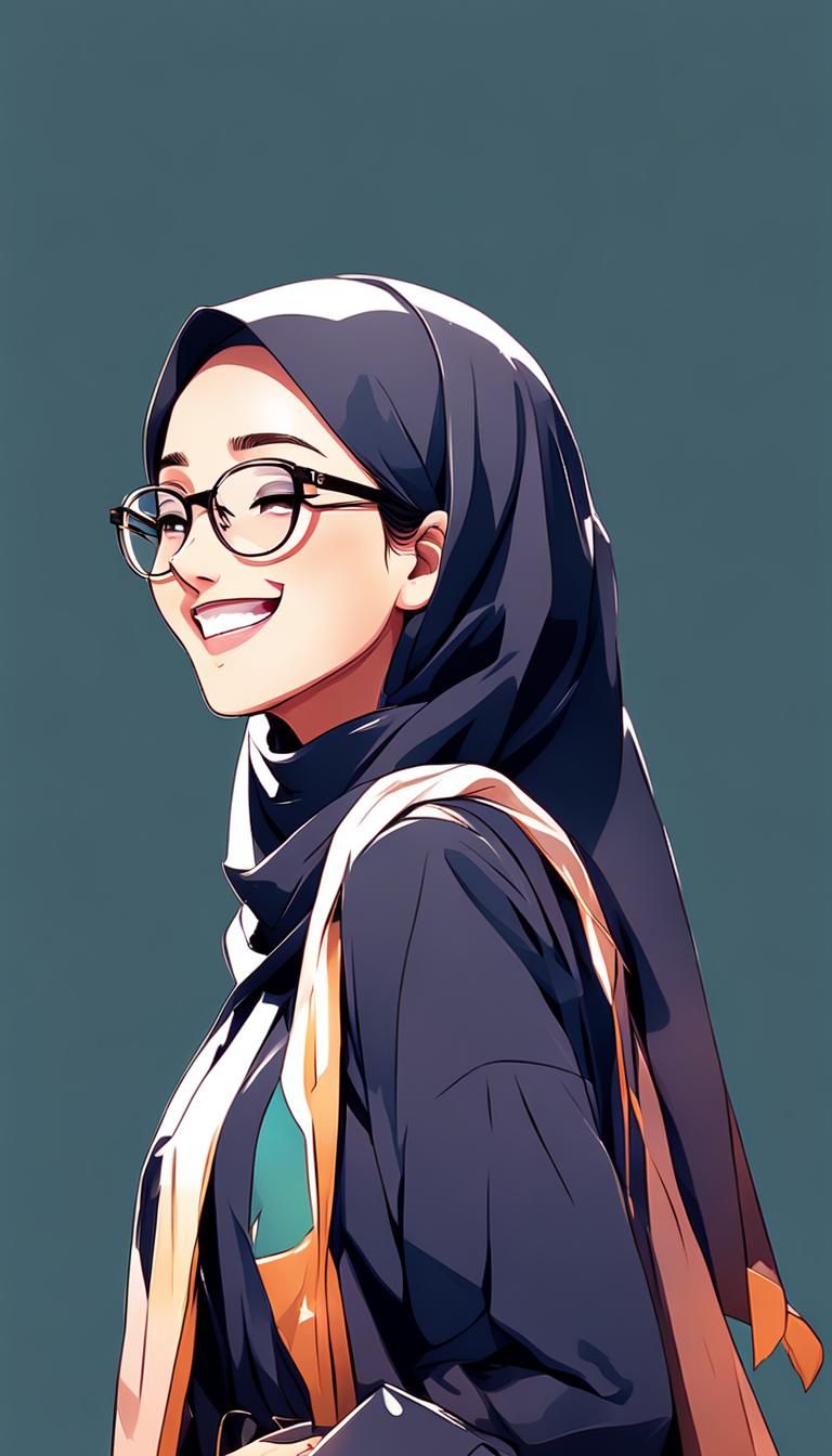 Anime Girl in Hijab with Glasses Smiling