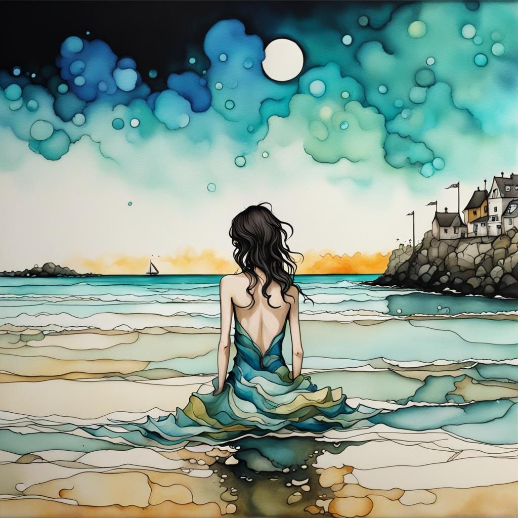 Roscoff Beach: Alcohol Ink Fantasy Art