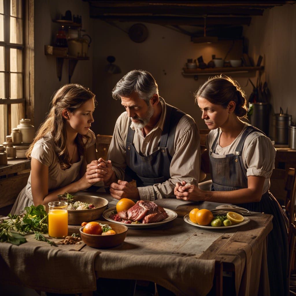 A Farmer's Family Giving Thanks Before Dinner