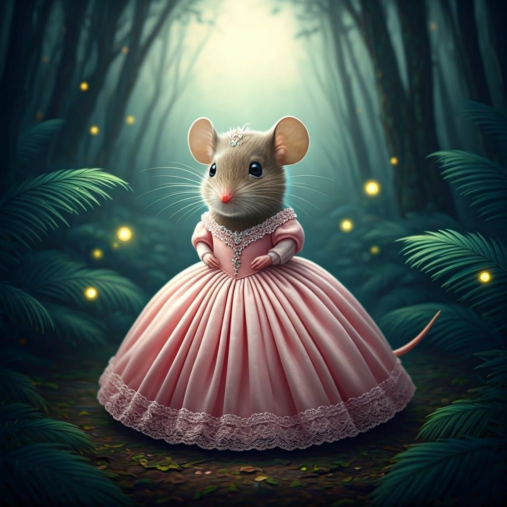 Mouse in Pink Gown in Dreamy Landscape