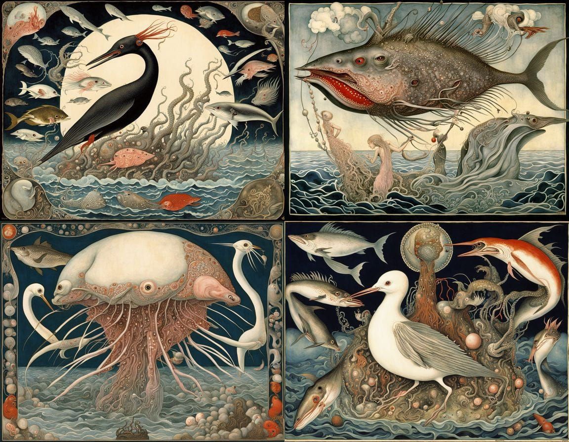 Surreal Stormy Underwater Scene with Homunculus Figure